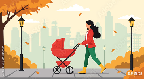 Woman Pushing Red Baby Stroller on Autumn City Sidewalk