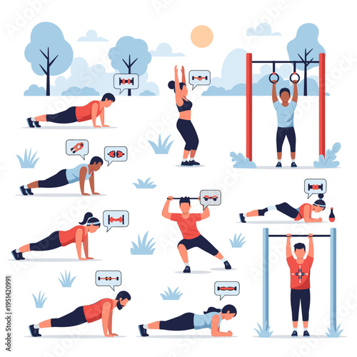 Diverse group of people performing various bodyweight exercises and fitness activities in an outdoor park setting with trees and equipment.