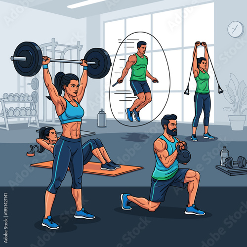 Diverse group of people performing various exercises in a modern gym setting, including weightlifting, cardio, and strength training.