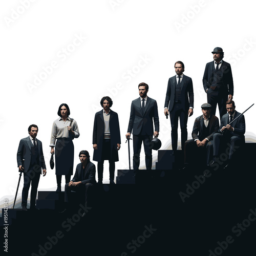 A group of ten formally dressed individuals, mostly men, standing on a dark staircase against a stark white background, creating a dramatic and stylized composition.