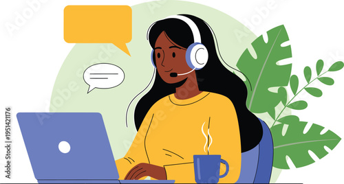 Black Woman Wearing Headphones Typing on Laptop in Office