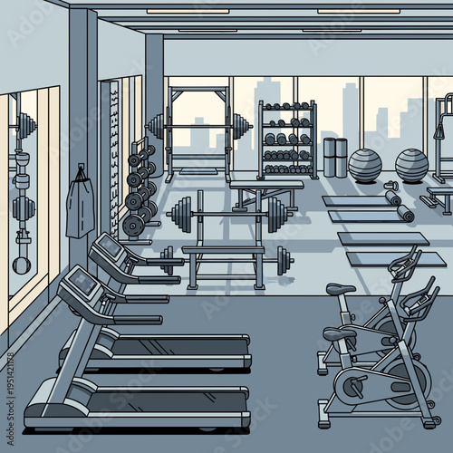 An empty, modern gym interior with various fitness equipment including treadmills, exercise bikes, and weight racks, featuring large windows overlooking a city skyline.
