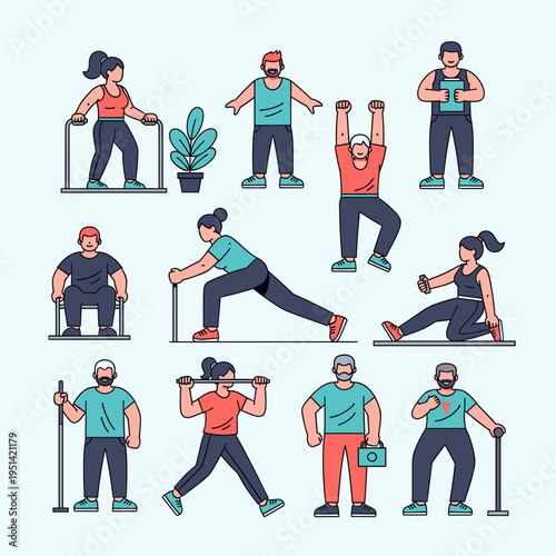 Diverse group of people of all ages engaging in various physical exercises and fitness activities, promoting health and wellness.