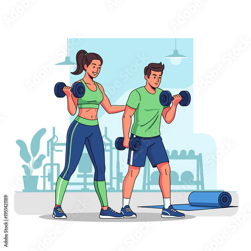 A female personal trainer guides a man during a dumbbell workout in a modern gym, focusing on fitness and strength training.