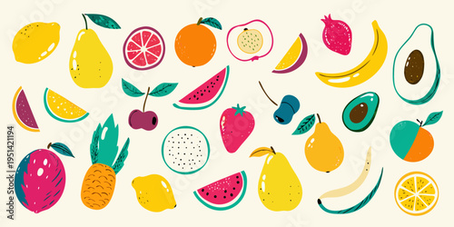 Variety of colorful fruits and slices arranged in a playful composition