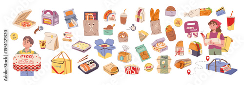 Assorted food delivery items and containers in cartoon style on white background, showing fast service concept. Vector illustration