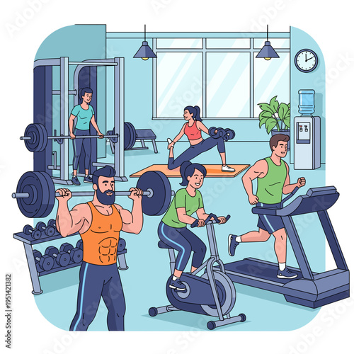 People exercising in a modern gym with various fitness equipment like barbells, treadmills, and stationary bikes, promoting a healthy lifestyle.