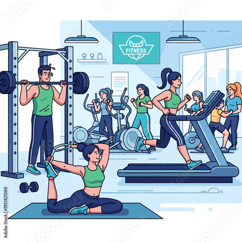 Illustration of a vibrant and busy fitness gym with diverse people engaging in various exercises like weightlifting, yoga, and cardio.
