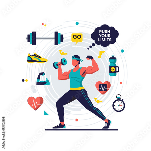 Illustration of a man working out with dumbbells, surrounded by fitness and gym equipment icons, promoting a healthy and active lifestyle.
