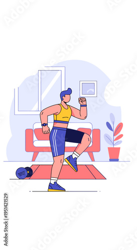 A man is doing high knees exercise at home on a yoga mat with weights nearby.