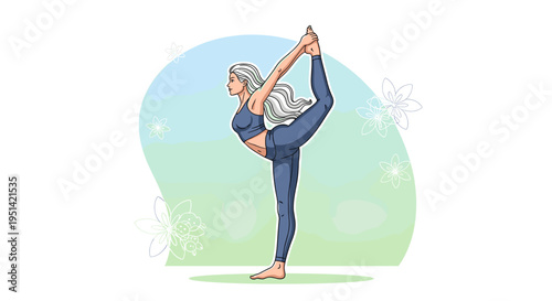 A woman with long, flowing gray hair performs the Natarajasana yoga pose, also known as Lord of the Dance pose, on a light green and blue gradient background with subtle floral outlines.