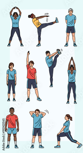 Diverse group of people performing various stretching and warm-up exercises in a clear, light blue background.