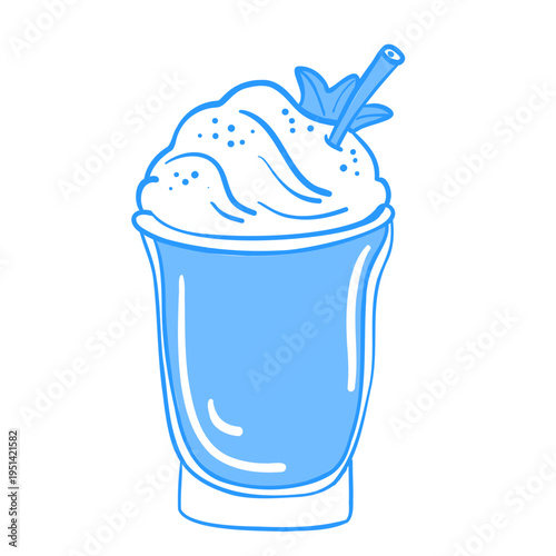 Cartoon line sketch of a glass cup of coffee with spices and creamy foam. Mediterranean lineart style blue vector illustration.