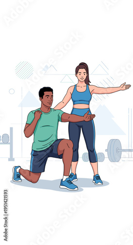 A male personal trainer guides a female client through a lunge exercise in a gym setting with weights in the background.