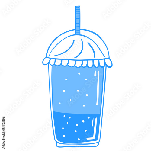 Cartoon line sketch of a plastic cup of to-go drink. Iced coffee with a straw. Mediterranean linear style blue vector illustration.