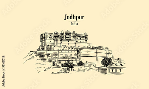 Jodhpur India Mehrangarh Fort Hilltop Sketch Keywords: Jodhpur, India, Mehrangarh Fort, palace