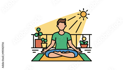 Flat vector man practicing yoga on sunny balcony with plants for sustainable living and Global Wellness Day