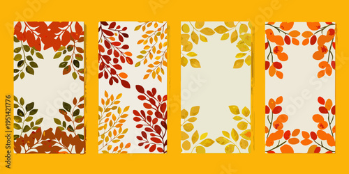 Four vertical panels displaying autumnal leaf patterns in watercolor