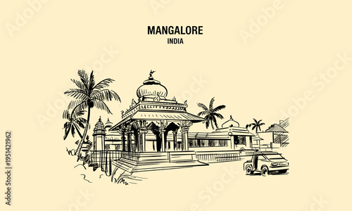 Mangalore India temple structure with intricate carvings and palm trees sketch architecture