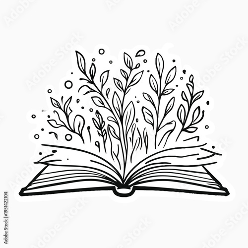 Open Book Floral Plants Growing Black and White Minimalist Line Art Book Lover Knowledge Quote Vector Illustration