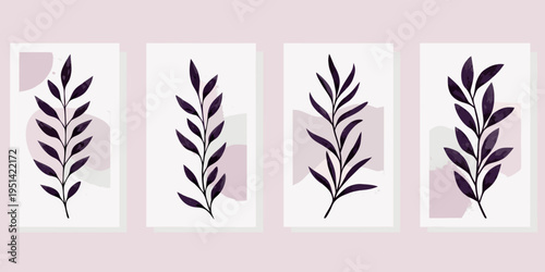 Abstract botanical illustration featuring four vertical arrangements of purple leaves