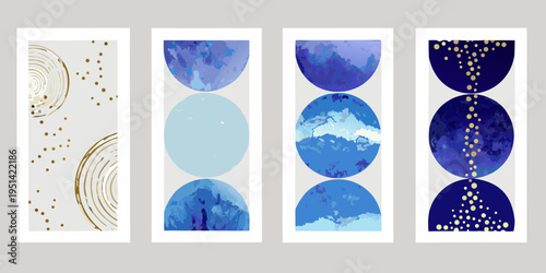 Abstract watercolor paintings arranged in a vertical rectangular format