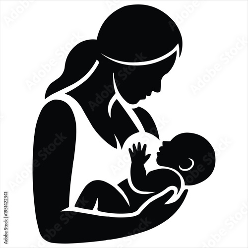 Minimalist black and white vector illustration of a mother breastfeeding her baby.