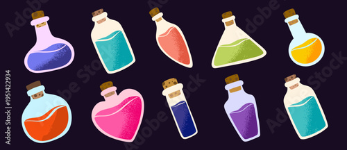 Colorful hand-drawn vector set of magic potion bottles with corks. Isolated on light background, perfect for game assets, UI design, stickers, packaging, posters, and magical themes.