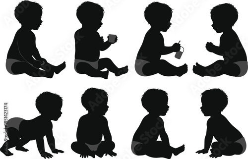Baby silhouettes set showing sitting, crawling, drinking milk and playing poses, cute infant child collection, toddler development stages isolated on white background
