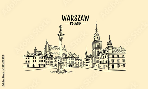 Warsaw Poland Old Town Square Column and Buildings Sketch Keywords: Warsaw, Poland, Old Town