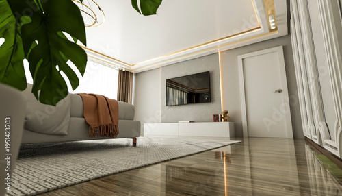 Modern living room with a cozy couch, large plant, and elegant ceiling lights. Illustration, rendering