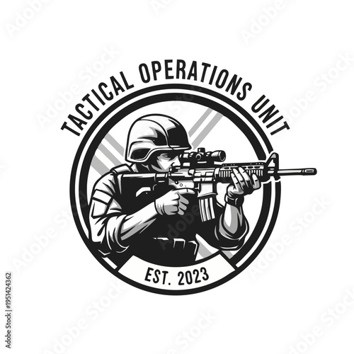 Tactical unit operator holds rifle in combat gear during operations training