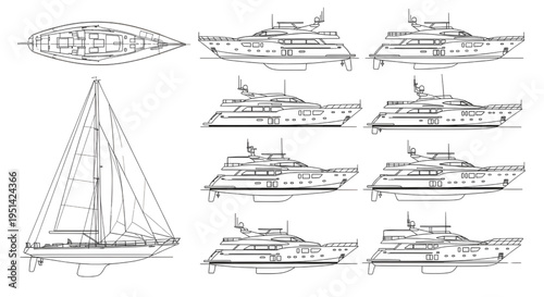 Sailing Boats and Luxury Yachts AutoCAD Blueprint Vector – Multi View Marine Vessel Technical Drawing