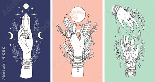 Mystic Hands with Crystals and Moon Phases