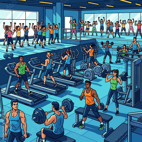 A vibrant and busy gym scene with numerous people engaged in various fitness activities including group aerobics, weightlifting, and cardio workouts.