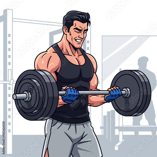 Muscular man intensely performing bicep curls with a heavy barbell in a gym setting, showcasing strength and determination.