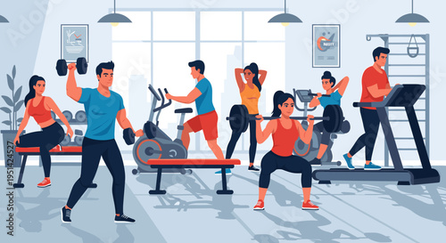 Diverse group of people engaged in various fitness activities and exercises in a modern, well-equipped gym, promoting health and an active lifestyle.