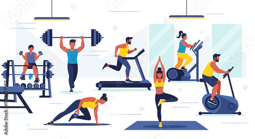 Diverse group of people exercising in a modern gym with various fitness equipment, promoting health and an active lifestyle.