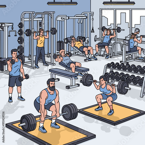 A vibrant and busy gym scene with multiple people engaged in various weightlifting and strength training exercises using diverse equipment.
