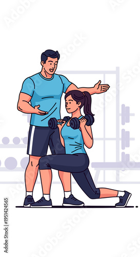A personal trainer guiding a woman performing a lunge exercise with dumbbells in a gym setting.