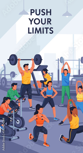 Diverse group of people exercising in a modern gym, engaging in various fitness activities like weightlifting, cardio, and floor exercises, with an inspiring 'Push Your Limits' message.