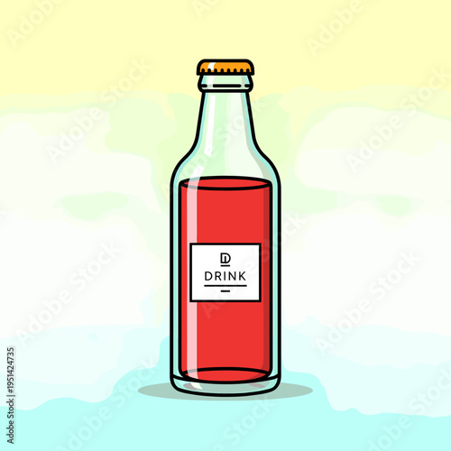 A clear glass bottle filled with a vibrant red liquid, sealed with a golden cap, and featuring a minimalist white label with the word "DRINK".