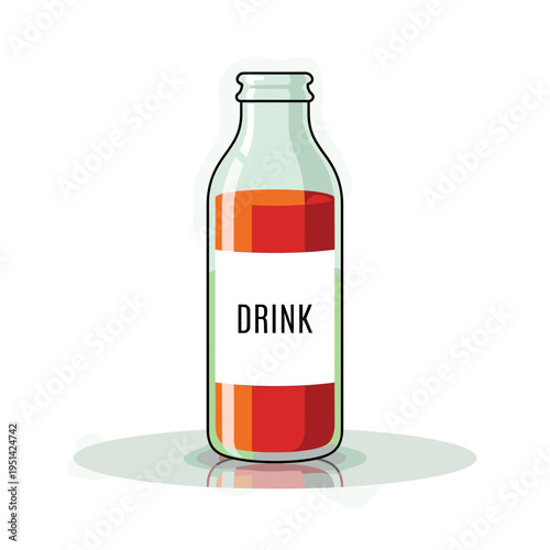 A clear glass bottle filled with a vibrant orange-red liquid, featuring a white label with the word "DRINK" in bold black letters.