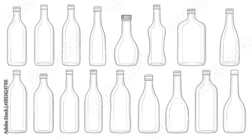 A collection of various empty glass bottles with different shapes and sizes, presented in a clean, white background.
