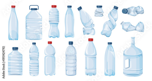 Various plastic bottles whole and crushed in clean graphic style on white background showing eco concept of recycling. Vector illustration