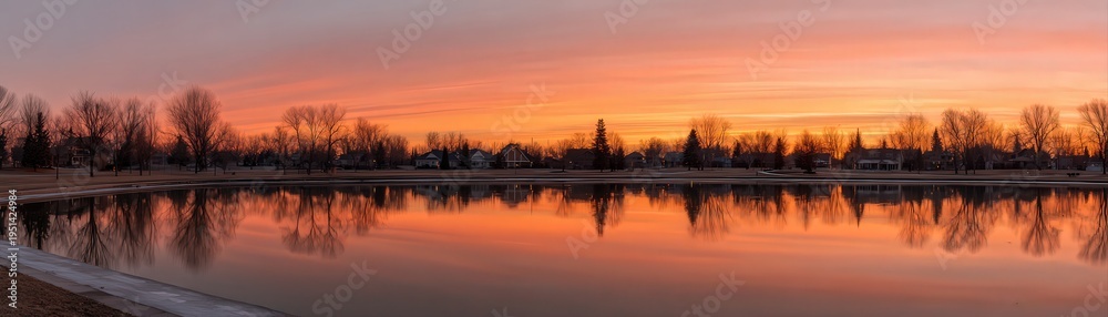 Obraz premium A serene sunset over a calm lake creates a picturesque scene with vibrant colors reflecting in the water, ideal for nature-themed projects, relaxation imagery, or backgrounds,