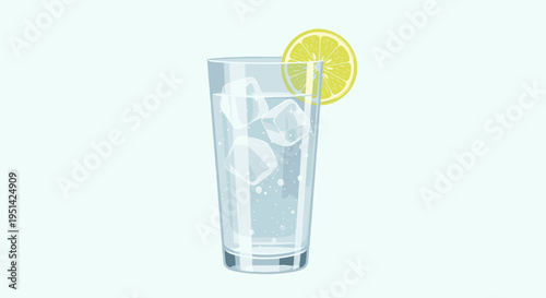 A refreshing glass of clear liquid with ice cubes and a lemon slice on a light, minimalist background.