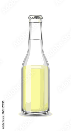 A clear glass bottle filled with a pale yellow liquid, likely a beverage, with a silver cap.