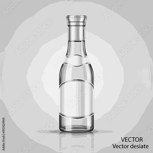 Vector illustration of a clear glass bottle with a silver cap and blank label, containing a transparent liquid, on a grey background.