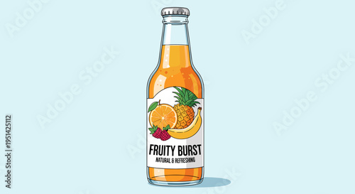A clear glass bottle filled with a vibrant orange-colored beverage, labeled 'Fruity Burst' and adorned with illustrations of various fruits.
